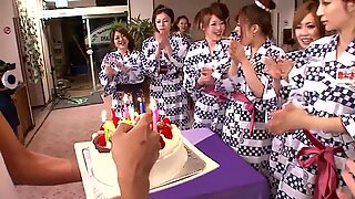 Guys watch as a group of bent over Japanese girls masturbates