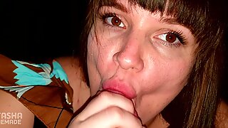 After Party milf SLUT sucking cock, licking balls and get cum on big natural tits Real Homemade 4K
